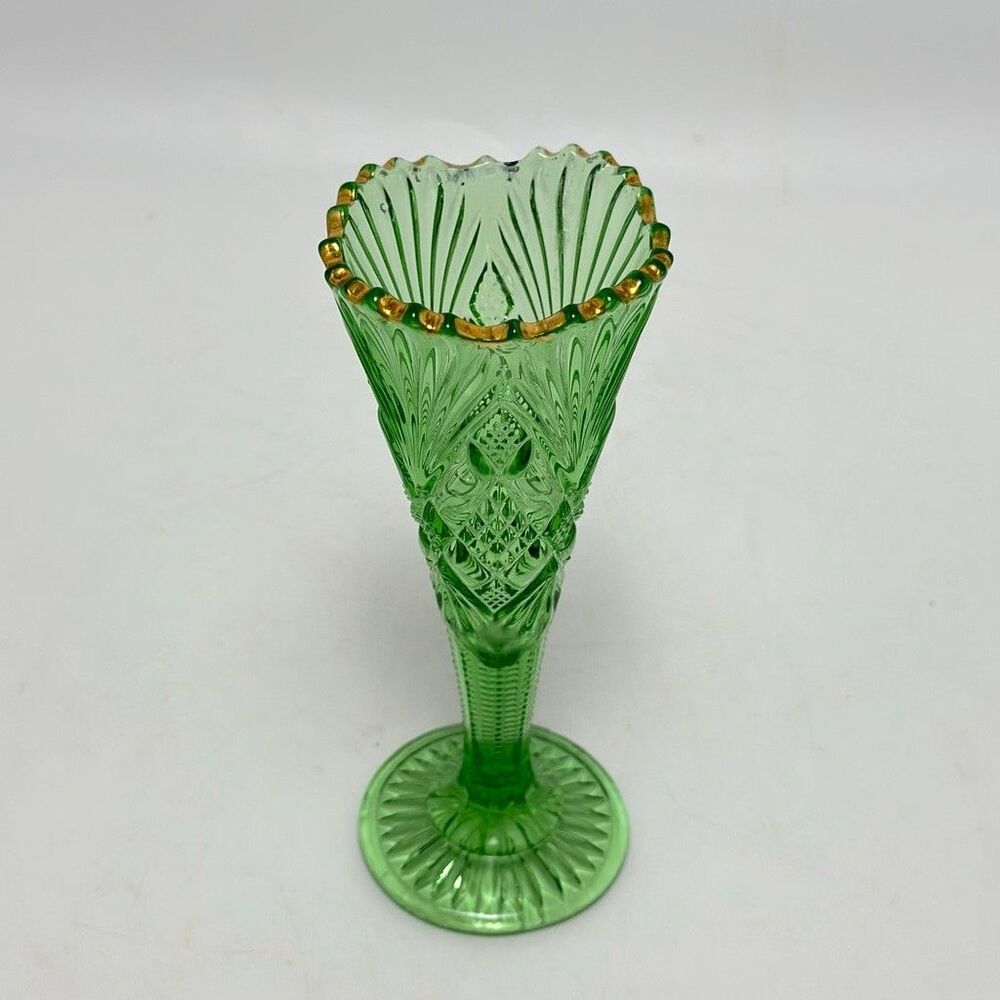 Early American Pattern Glass EAPG Greentown Glass Trumpet Emerald Green Bud Vase